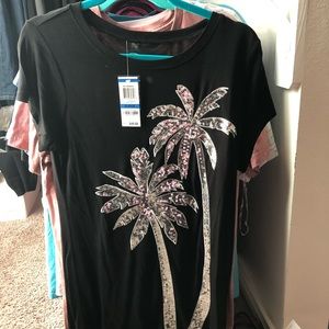 INC women knit sequin shirt palm tree tropical XL